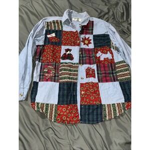 Casey And Max Women's 90s Holiday Denim Embroidered Plaid Button Down Shirt Sz L